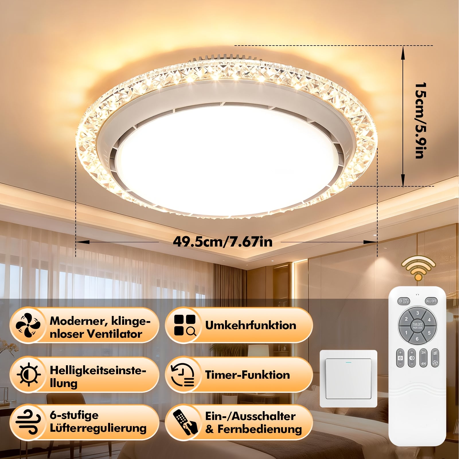 LED Ceiling Fan Light, LED Ceiling Light with Fan, Bladeless Ceiling Fan Light, 3 Switchable Colour Temperatures (3000K/4500K/6500K), Adjustable Brightness, Suitable for Kitchen, Living Room And Bedroom Lighting, Comes with A Remote Control