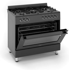 HYE Freestanding Gas Cooker 90Cm with Large Single Electric Oven, 5 Gas Burners, Timer, Child Lock, Accessories, Digital Controls, Adjustable Alarm & Modern Black Finish – C01FS90G17 [2025]