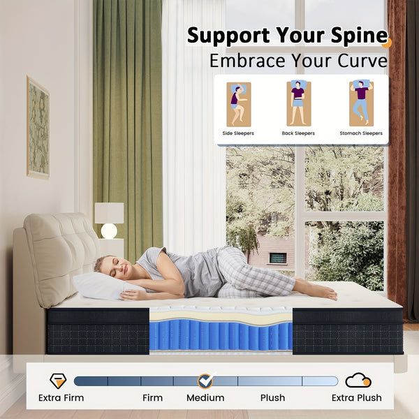 26cm/10.2in) Premium Hybrid Mattress: Individual Pocket Springs & 7-Zone Gel Foam, Medium Firm, Motion Isolation, Blue & White Design