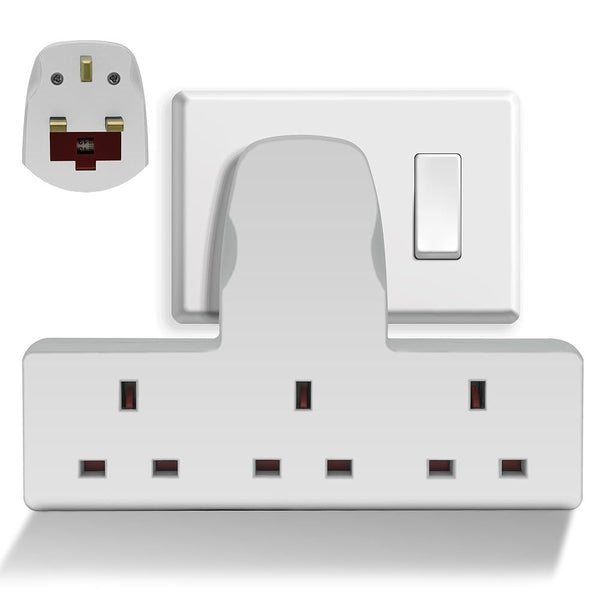 2x 3-Way Plug Adapter with UK Socket Extender – Compact Cable-Free Multi-Outlet Adapter for Home, Office & Travel