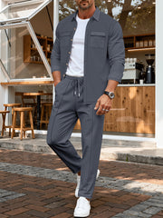 Spring And Autumn Men's Long Sleeved Pants with A Sense Of Luxury And Retro Temperament Featuring Lapel Pockets And Button Long Sleeved Jackets And Versatile Casual Pants Men's 2pcs Clothing Set