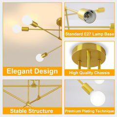 6-Light Modern Gold Sputnik Chandelier, Industrial Semi Flush Mount Ceiling Light Fixture, E27 Hardwired Metal Lamp for Living Room Dining Room