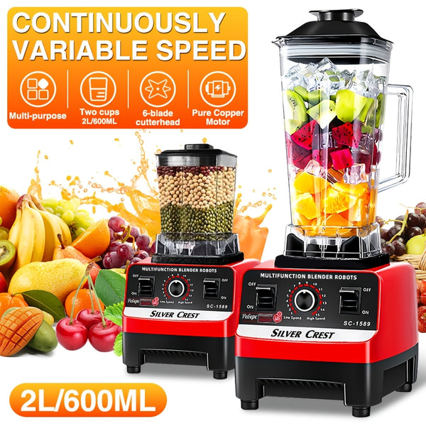 Heavy-Duty 15-Speed High-Power Blender Set with 2L+600ml Large Capacity, 6-Blade Motor & Automatic Juicer/Slushy Machine - Multifunctional Food Processor for Smoothies, Food, Ice Crushing, Shakes, Purees - Plug (220-240V)