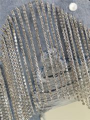 Women's High Waisted Rhinestone & Pearl Tassel Denim Shorts - Ripped Frayed Raw Hem with Sparkly Chain Fringe, Stretch Denim Hot Pants Suitable for Club Party Night Out, Machine Washable Sexy Fringe Hem Shorts