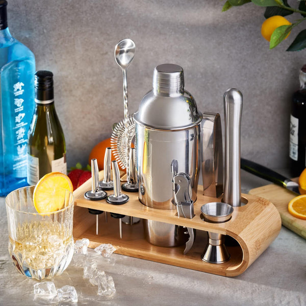 Tanness 12 Piece Cocktail Shaker Set - Stainless Steel Cocktail Accessories - Bartender Kit with Drink Shaker, Jigger, Spoon, Strainer, Corkscrew, Ice Tongs, Pestle, Pourers, Bamboo Display Stand