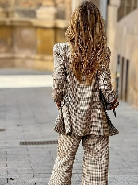 New Women'S Product: Lined Plaid Suit Jacket Top + Plaid Wide-Leg Pants Suit, Fashionable And Elegant for Commuting, Going Out, Professional Office, Street Style, Airport Daily Wear Suit Two-Piece Set, Suitable for Spring And Autumn Wear