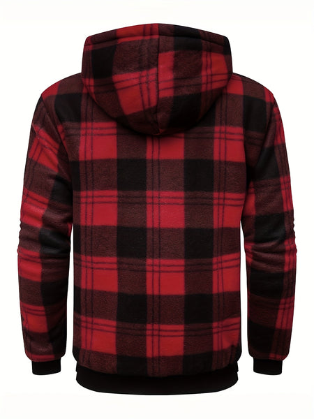 Men's Heavyweight -Lined Hooded Jacket - Full-Zip Plaid Thickened Shirt with Pockets and Adjustable Drawstring, Comfortable and Warm for Autumn and Winter