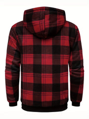 Men's Heavyweight -Lined Hooded Jacket - Full-Zip Plaid Thickened Shirt with Pockets and Adjustable Drawstring, Comfortable and Warm for Autumn and Winter