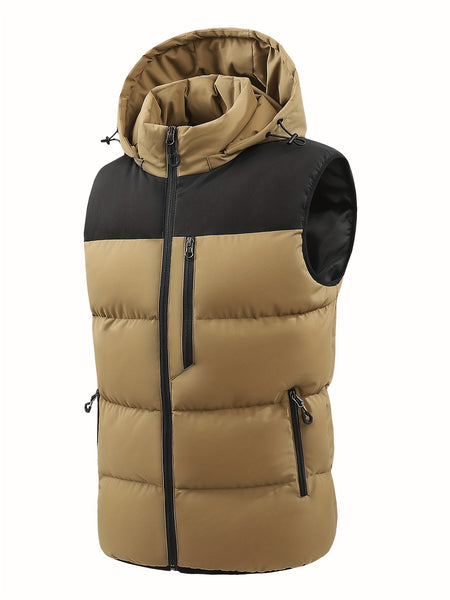 Men'S Winter Warm Sleeveless Padded Vest Casual Hooded Jacket Detachable Thickened Outerwear Vest Contrast Color Design Men Women Couple Same Style Elastic Shrinkage Windproof Warm Cold-Resistant Top Winter New Style
