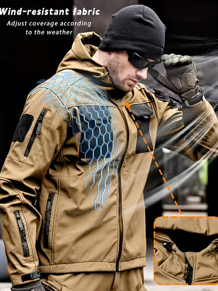 Men'S Fleece Warm Softshell Jacket Outdoor Camping Mountaineering Skiing Hiking Jacket Multi-Pocket Hooded Tactical Coat Autumn And Winter Workwear