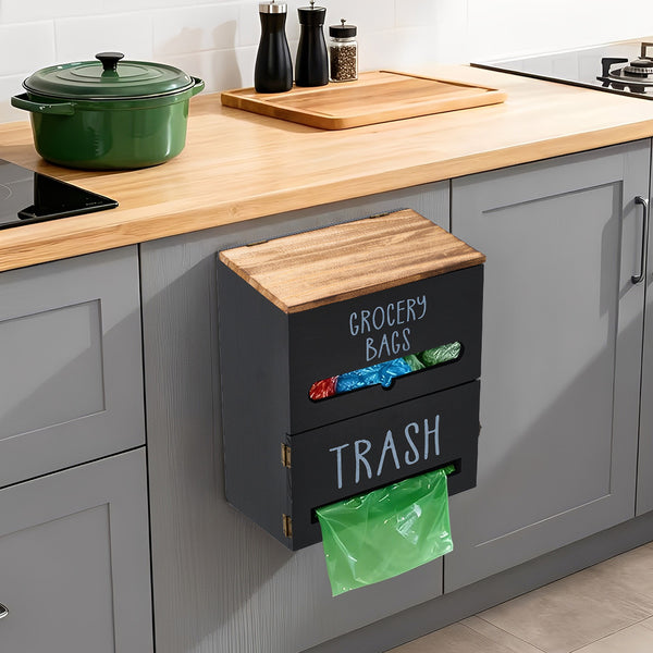 White/Black Two-Tier Wooden Trash Bag Storage Box Trash Bag Holder, Kitchen Plastic Wrap & Bag Organizer with Lid, Large Capacity Hanging Storage Container, Household Storage Accessories