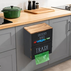White/Black Two-Tier Wooden Trash Bag Storage Box Trash Bag Holder, Kitchen Plastic Wrap & Bag Organizer with Lid, Large Capacity Hanging Storage Container, Household Storage Accessories