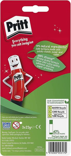 Pritt Glue Stick, Safe & Child-Friendly Craft Glue for Arts & Crafts Activities, Strong-Hold Adhesive for School & Office Supplies, 22 G (Pack of 3)