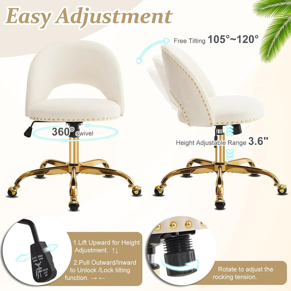 Office Chair Velvet Fabric Swivel Computer Desk Chair Comfy Armless Vanity Task Chair With Adjustable Height, Ergonomic Chair for Home Bedroom (Delicate Lilac)