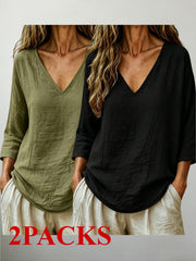 2 PACKS V-Neck 3/4 Sleeve Tops, Women'S Loose Breathable Summer Casual Blouse Shirts