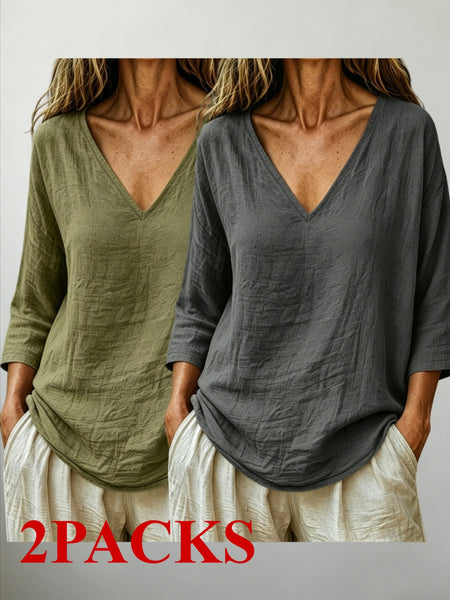 2 PACKS V-Neck 3/4 Sleeve Tops, Women'S Loose Breathable Summer Casual Blouse Shirts