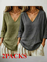 2 PACKS V-Neck 3/4 Sleeve Tops, Women'S Loose Breathable Summer Casual Blouse Shirts