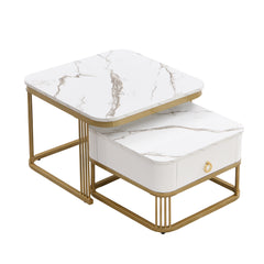 Modern Pedestal Base Space Saving Coffee Table Set of Two, Engineered Wood and Artificial Board Construction, Hardwood, Black Finish, High Gloss Stone Table Top, Metal Golden Accents, with Drawer, Without Electricity, Battery Free.