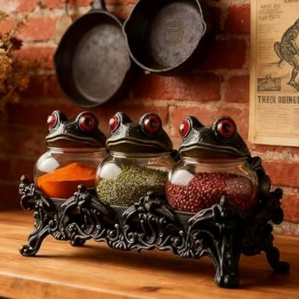 3pcs Witch Frog-Shaped Spice Jars, with Frog Lids, Are Kitchen Storage Containers in A Retro Style. They Can Be Used to Store Spices, Herbs And Salt. They Are Unique Home Decorations And Storage Jars. for Halloween
