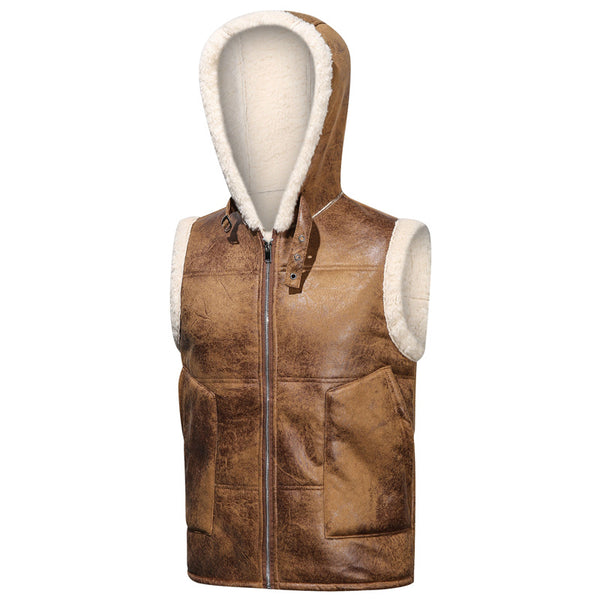 Men's Faux Fur-Lined Hooded Vest, Thickened and -Lined, Fashionable Windproof and Warm Outer Jacket for Men