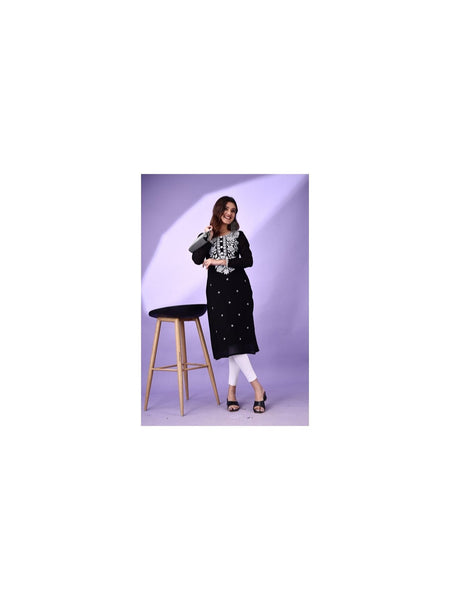 Estationeryhouse Women's Georgette Lucknowi chikankari kurti, Rose Design with Heavy Embroidery, Without Bottom