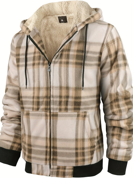 Men's Heavyweight -Lined Hooded Jacket - Full-Zip Plaid Thickened Shirt with Pockets and Adjustable Drawstring, Comfortable and Warm for Autumn and Winter