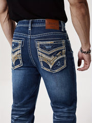 Men'S Elastic Washed Denim Jeans with Thick Line Embroidery on The Front And Back Pockets