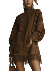 A High-Neck Dress for Women Featuring Fringes, a Loose Fit, Long Sleeves, And Pockets. This Bohemian-Style Skirt Is Perfect for The Relaxed Fashion of Autumn And Winter. It'S Great for Street Style, Holiday Trips