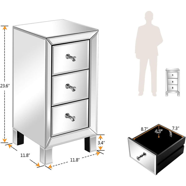 Bonnlo 3-Drawer Mirrored bedside tables for Bedroom, Living Room, Silver, 11.7