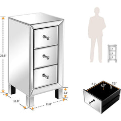Bonnlo 3-Drawer Mirrored bedside tables for Bedroom, Living Room, Silver, 11.7