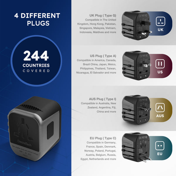 Desiretech Travel Adaptor 4-in-1 Universal Plug Adapter with USB-A, USB-C, Phone Docking - Compact UK to World Adaptor, Double Fuse Protection - Perfect for Europe, USA, Asia & Beyond