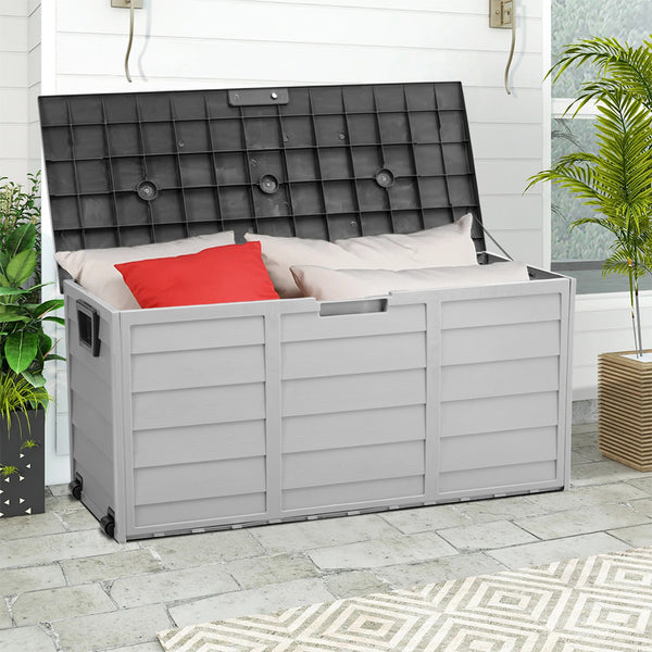 290L Lockable Waterproof Storage Box – Heavy-Duty Outdoor Deck Chest with Wheels Garden & Patio Recycling Bin Organizer for Tools, Cushions (112*49*54cm)