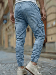 Men'S Slim Fit Multi-Pocket Jeans, Four Seasons Workwear Denim Trousers for Men, Washed Micro-Elastic Fabric, Elastic Waistband, Suitable for Leisure And Work