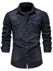 New Men'S Denim Shirt, Casual Solid Color Men'S Long Sleeve Dress Shirt