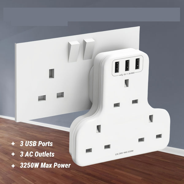 UK Plug Power Outlet with 3 USB Ports & 3250W Max Power - Fast Charging Adapter, Heavy-Duty UK Socket for Home, Office, Travel - Compatible with UK, Qatar, Singapore, Malaysia - Compact Design with Overload & Short Circuit Protection - Ideal for Chargers,