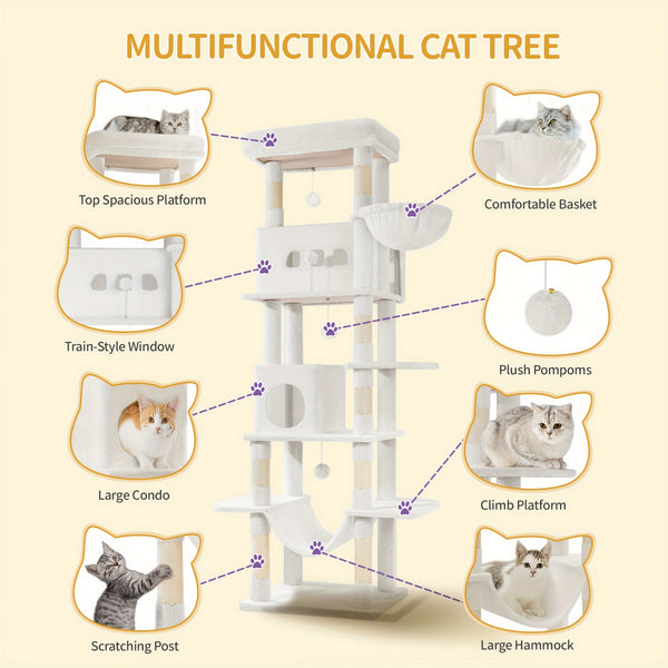 Cat Tree for Indoor Cats, 210cm Large Tall Cat Tower, Multi-Level Cats House with Condo, 8 Scratching Posts, Hammock, 4 Pom Poms