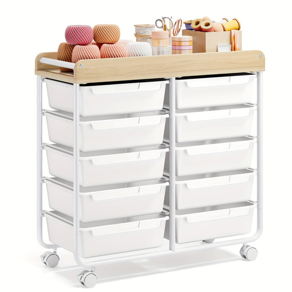 KINGRACK 10 Tier Office Rolling Storage Cart with Large Drawers, Mobile Organizer with Tabletop, Multi-Purpose Utility Cart for Home, Office, And Classroom, Easy to Move with Wheels, Storage Drawer Units