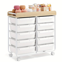 KINGRACK 10 Tier Office Rolling Storage Cart with Large Drawers, Mobile Organizer with Tabletop, Multi-Purpose Utility Cart for Home, Office, And Classroom, Easy to Move with Wheels, Storage Drawer Units