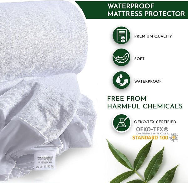 Caroline Shatuik 100% Waterproof Mattress Protector Double-30Cm Extra Deep Stretch Skirt Non-Noisy Terry Top Fitted Mattress Protector Double Bed Cover(137X190Cm)