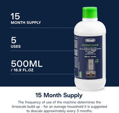 De'Longhi Ecodecalk Descaler DLSC500, 5 Decalcification Doses, Coffee Machine Descaler, Coffee Machine Maintenance Accessory, Plant-Based Ingredients, Bottle with 5 Doses, 500Ml