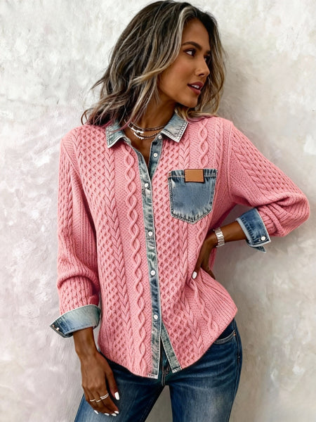 Women's Patchwork Denim Shirt Autumn/Winter Fashion Long-Sleeved Cardigan Versatile 2pcs Style Denim Collar Top Casual Vintage Aesthetic Ideal for Autumn/Winter Commuting, Office Wear, Casual Outings, and Layering