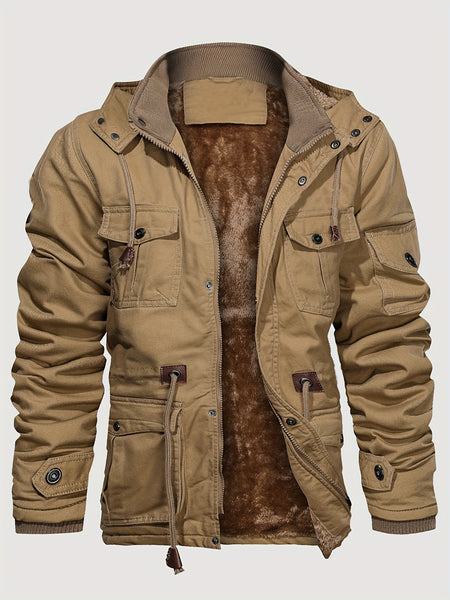 Men's Mid-Length Fleece-Lined Hooded Jacket with Multiple Pockets, Winter Casual Outdoor Workwear Coat