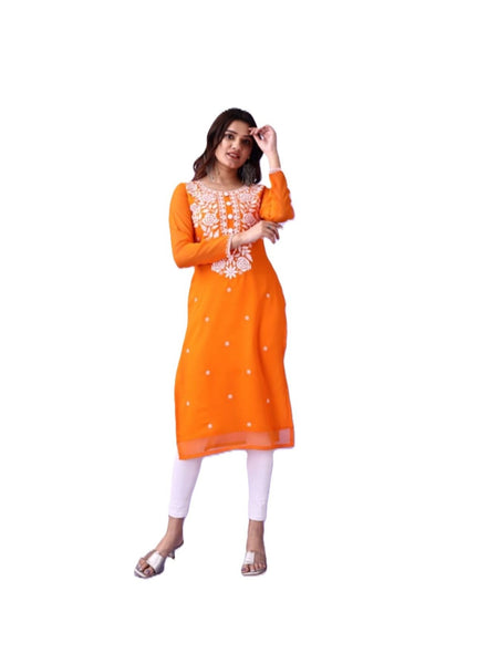 Estationeryhouse Women's Georgette Lucknowi chikankari kurti, Rose Design with Heavy Embroidery, Without Bottom