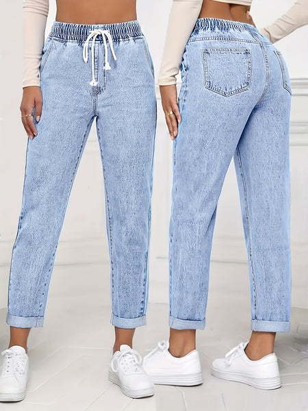 Ladies' 2026 New Stretch Elastic Drawstring Slim Cropped Jeans, Acid Wash Blue Cuff Straight Denim Trousers, Elegant Women's Clothing, Tapered Pantalones for All Seasons, Mom Pants with Pockets, High Waisted Tummy Control Travel Casual Pants