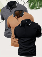 3pcs Set of Summer Collared Men'S Short Sleeve Polo Shirts Solid Color Plain Multicolor Golf Shirts Casual Athletic Wear Men'S Top