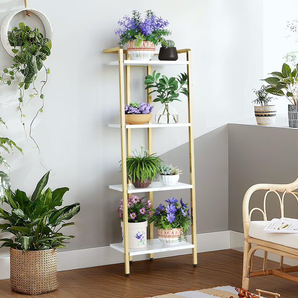 4-Tier Heavy-Duty Iron Ladder Shelf Bookcase with Wide Base Suitable for Books, Plants, Storage - Freestanding Multi-Functional Shelf for Living Room, Office, Kitchen, Bathroom - Space-Saving Vertical Storage Rack for Modern Organization, Standing