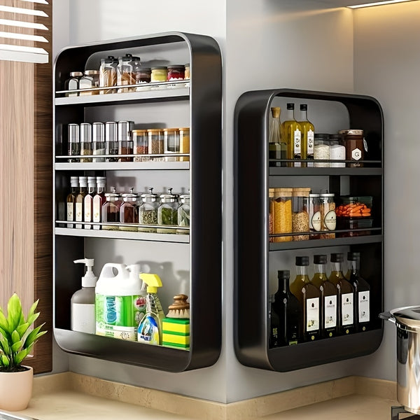 1PC No-Drilling Wall-Mounted Spice Rack – Adjustable Multi-Layer Metal Shelf for Kitchen/Bathroom – Space-Saving Storage Organizer for Toiletries, Spices, Books (Black/White)