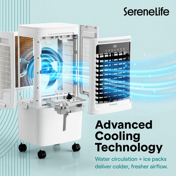 SereneLife Portable Air Cooler 25L – 1700 CFM Evaporative Cooling Fan with Ice Packs 60° Oscillation Timer Quiet Energy Efficient for Large Room Home Office Bedroom