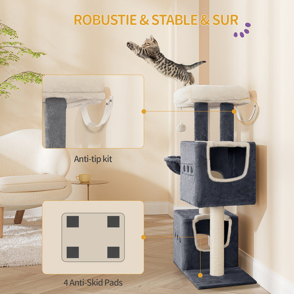 98 Cm Scratching Post, Cat Tree, Small Scratching Post, Multi-Storey Scratching Post with Perch, Cat House Furniture with 2 Caves, Sisal Cat Scratching Post, Hammock, Cave