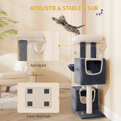 98 Cm Scratching Post, Cat Tree, Small Scratching Post, Multi-Storey Scratching Post with Perch, Cat House Furniture with 2 Caves, Sisal Cat Scratching Post, Hammock, Cave